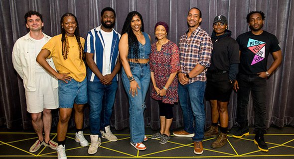The cast with director Dustin Wills (left) and playwright Phillip Howze (right). Credit to Tricia Baron.